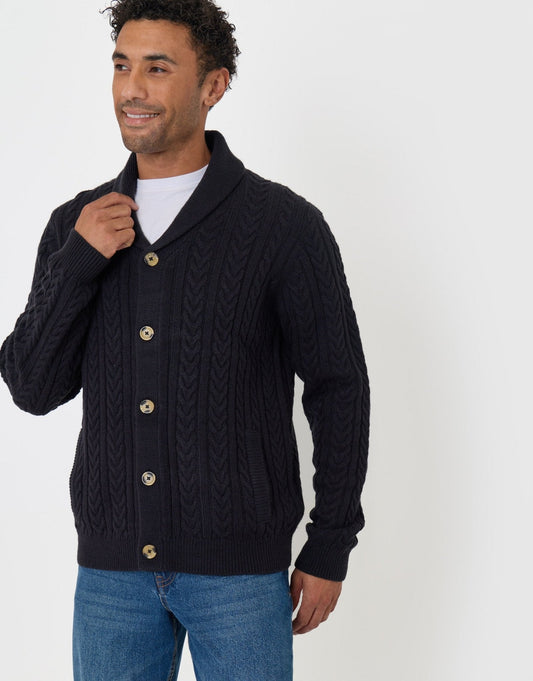 Men's Cable Knit Shawl Cardigan in Navy | SATRI