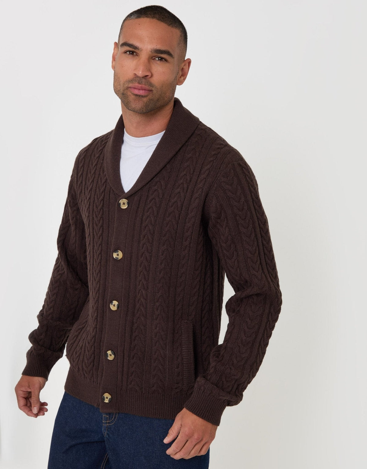 Men's Wool Blend Shawl Collar Cardigan in Chocolate Brown | SATRI