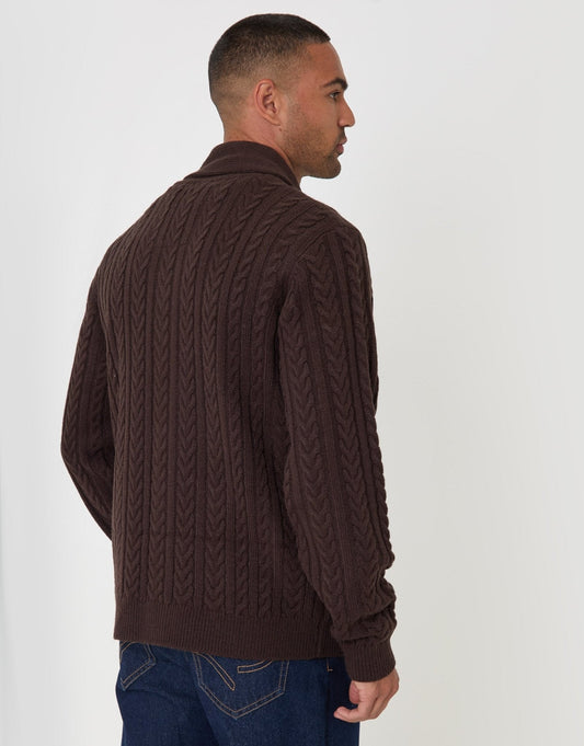 Wool Blend Shawl Collar Cardigan in Chocolate Brown