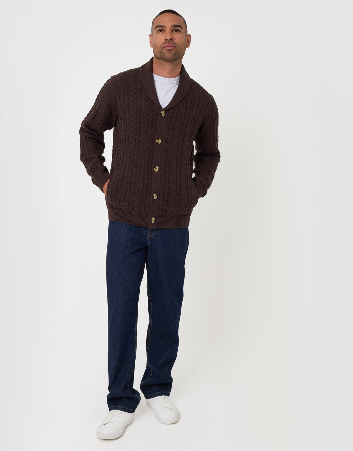 Wool Blend Shawl Collar Cardigan in Chocolate Brown