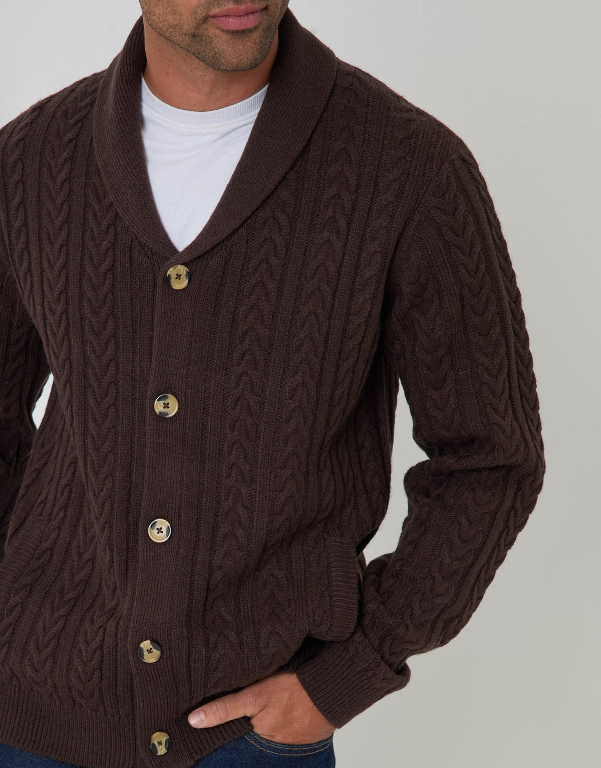 Wool Blend Shawl Collar Cardigan in Chocolate Brown
