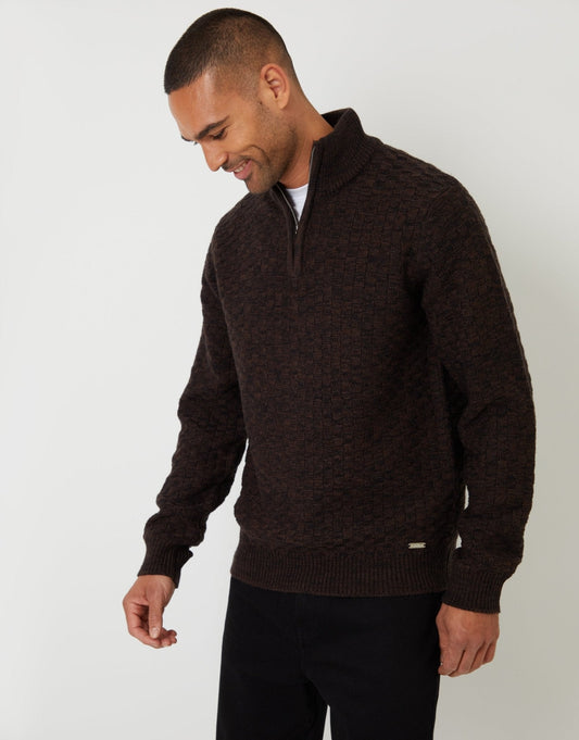 Men's Basket Stitch Quarter Zip Jumper in Brown | SATRI