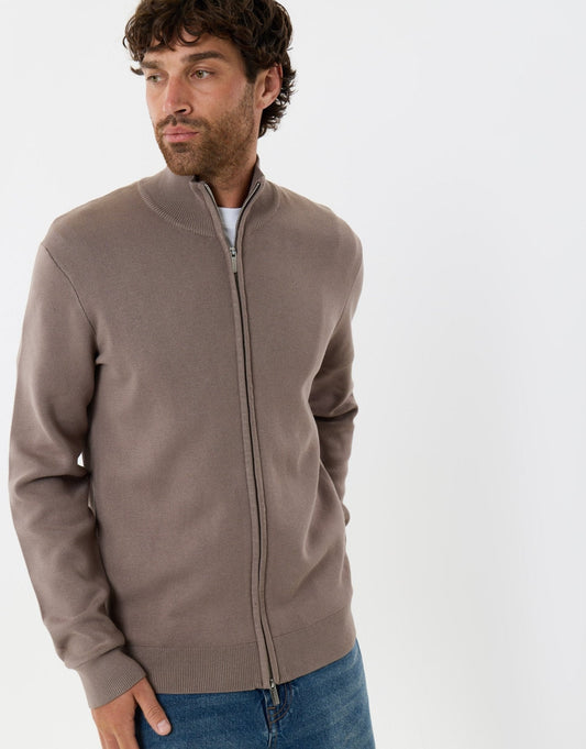 Zip-Through Funnel Neck Knitted Cardigan in Taupe