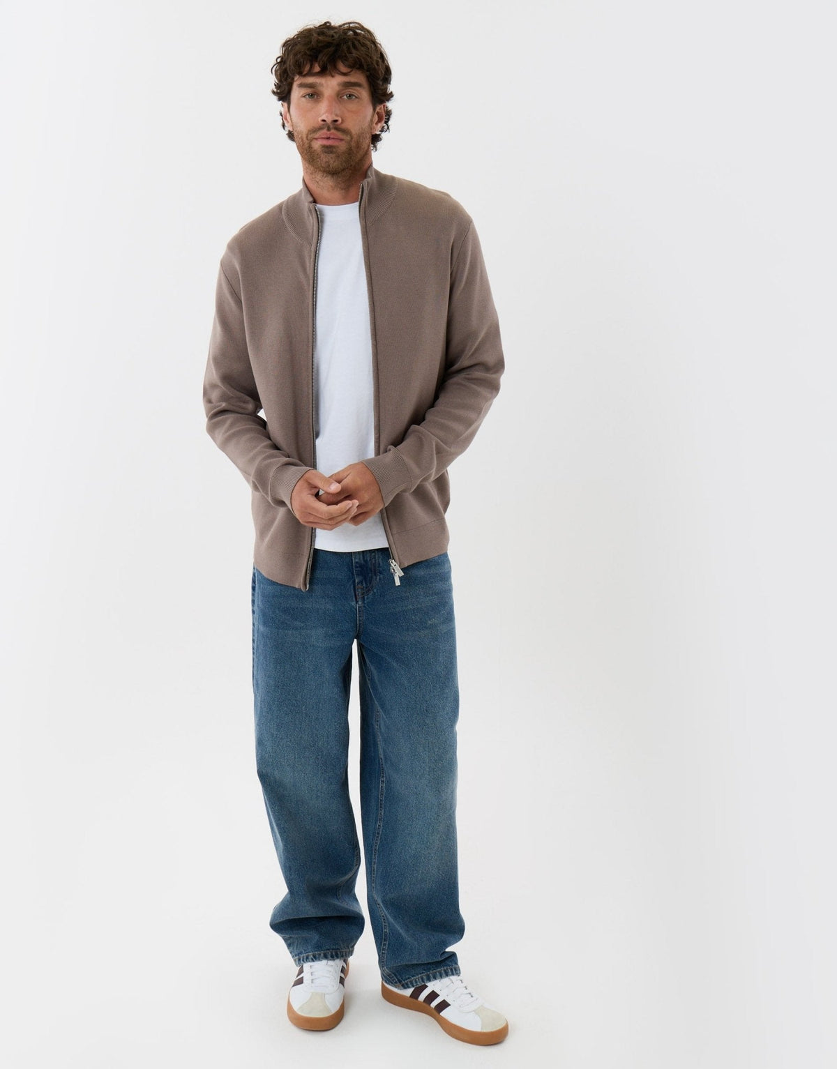 Zip-Through Funnel Neck Knitted Cardigan in Taupe
