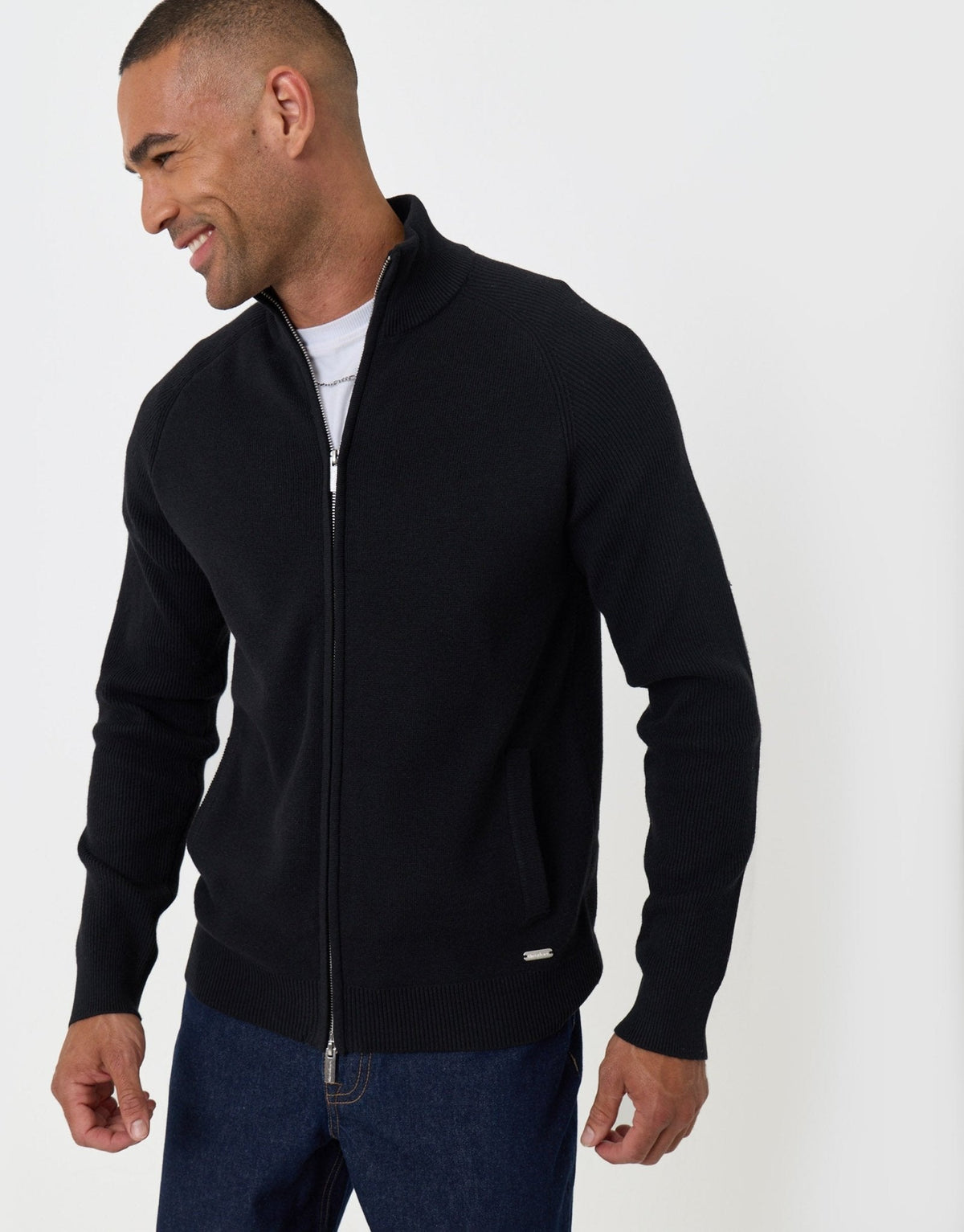 Men's Knitted Zip Up Funnel Neck Cardigan in Black | SATRI
