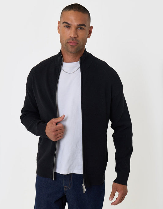 Knitted Zip Up Funnel Neck Cardigan in Black