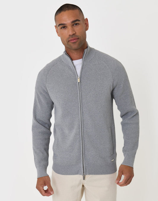 Knitted Zip Up Funnel Neck Cardigan in Grey