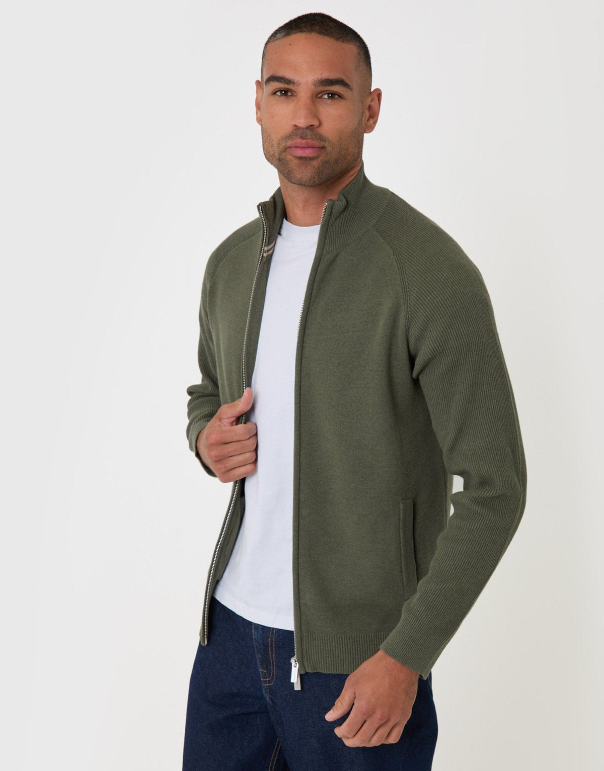 Men's Cotton Rich Funnel Neck Zip Through Sweatshirt in Khaki | SATRI
