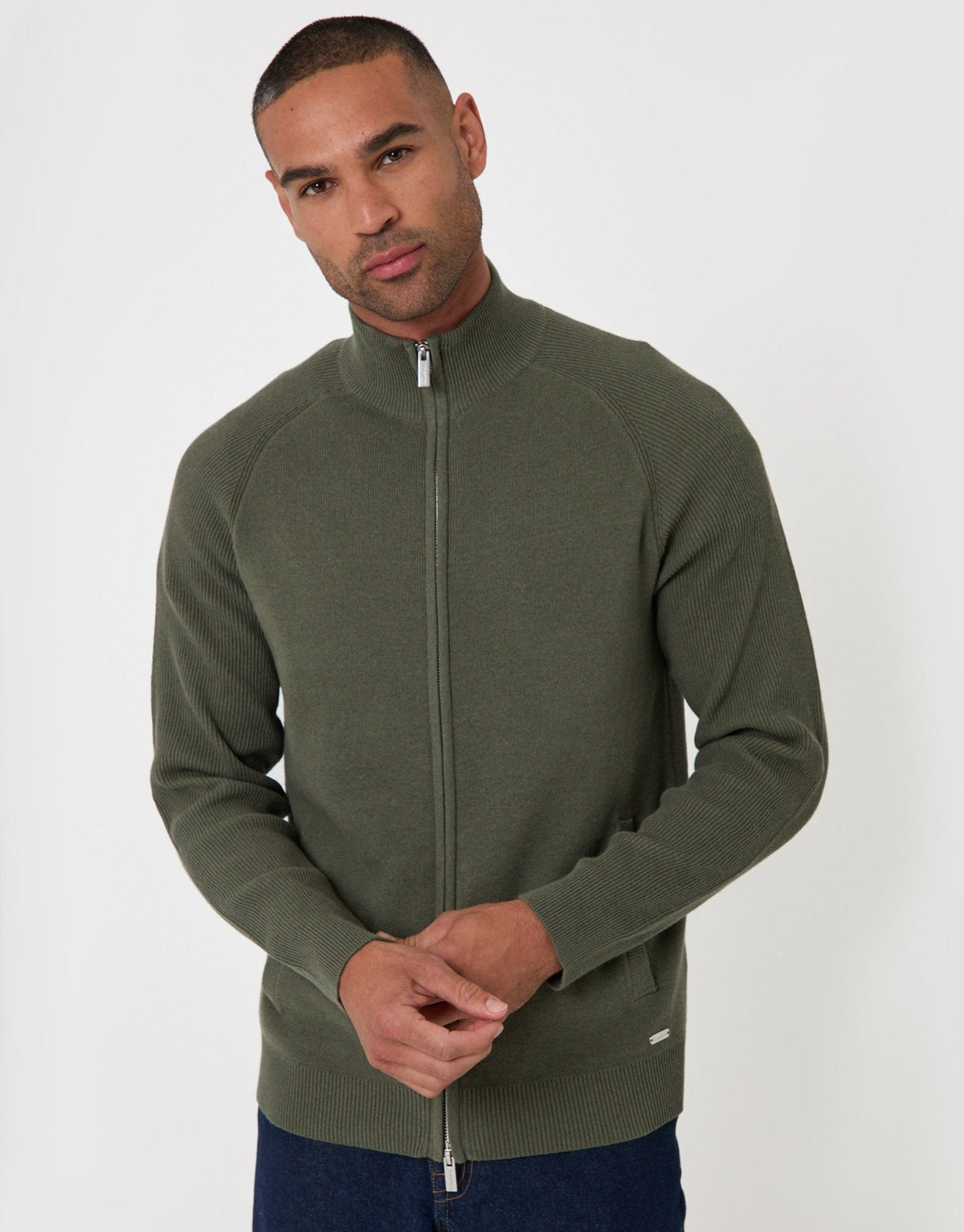 Cotton Rich Funnel Neck Zip Through Sweatshirt in Khaki