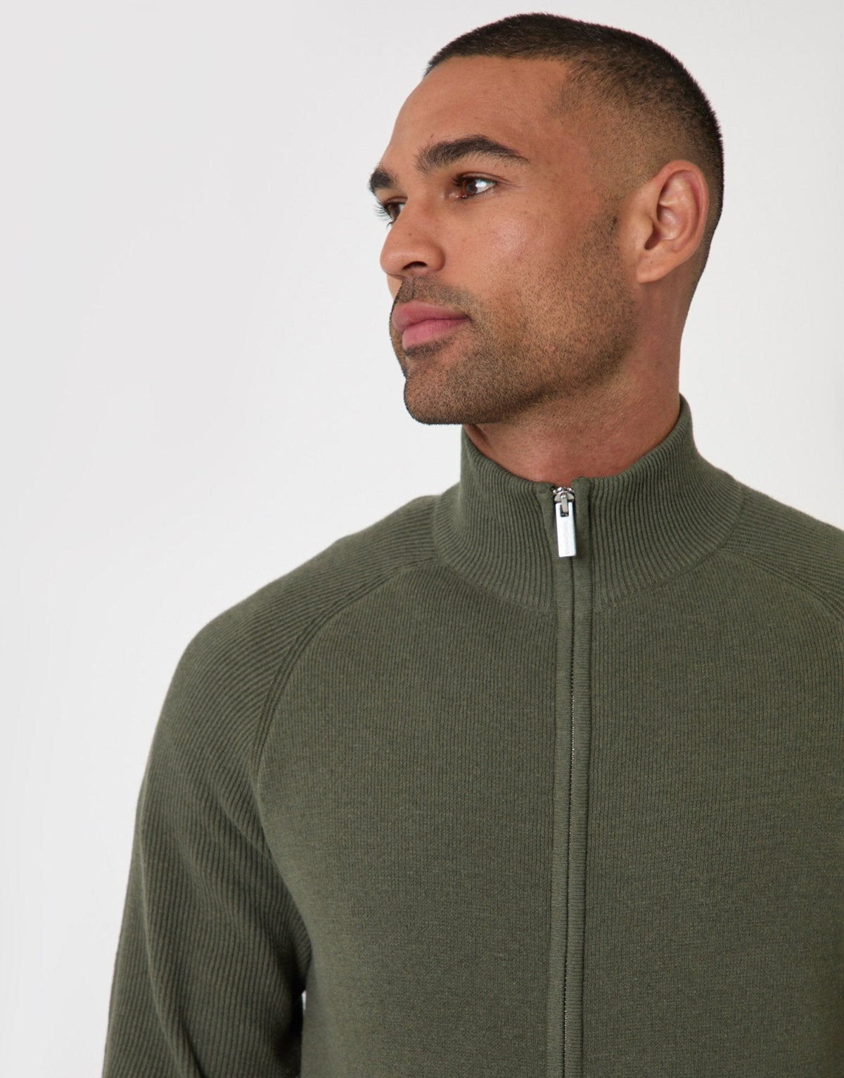 Cotton Rich Funnel Neck Zip Through Sweatshirt in Khaki