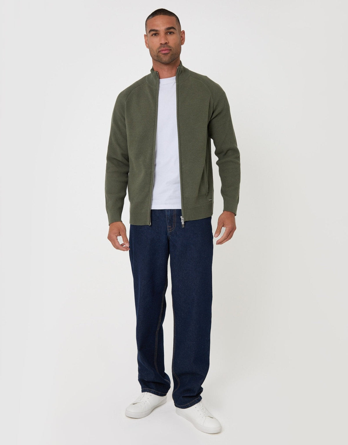 Cotton Rich Funnel Neck Zip Through Sweatshirt in Khaki