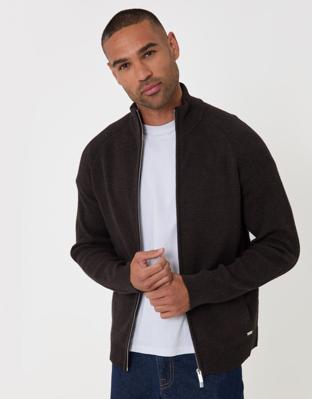 Men's Cotton Rich Funnel Neck Zip Through Sweatshirt in Chocolate Brown | SATRI