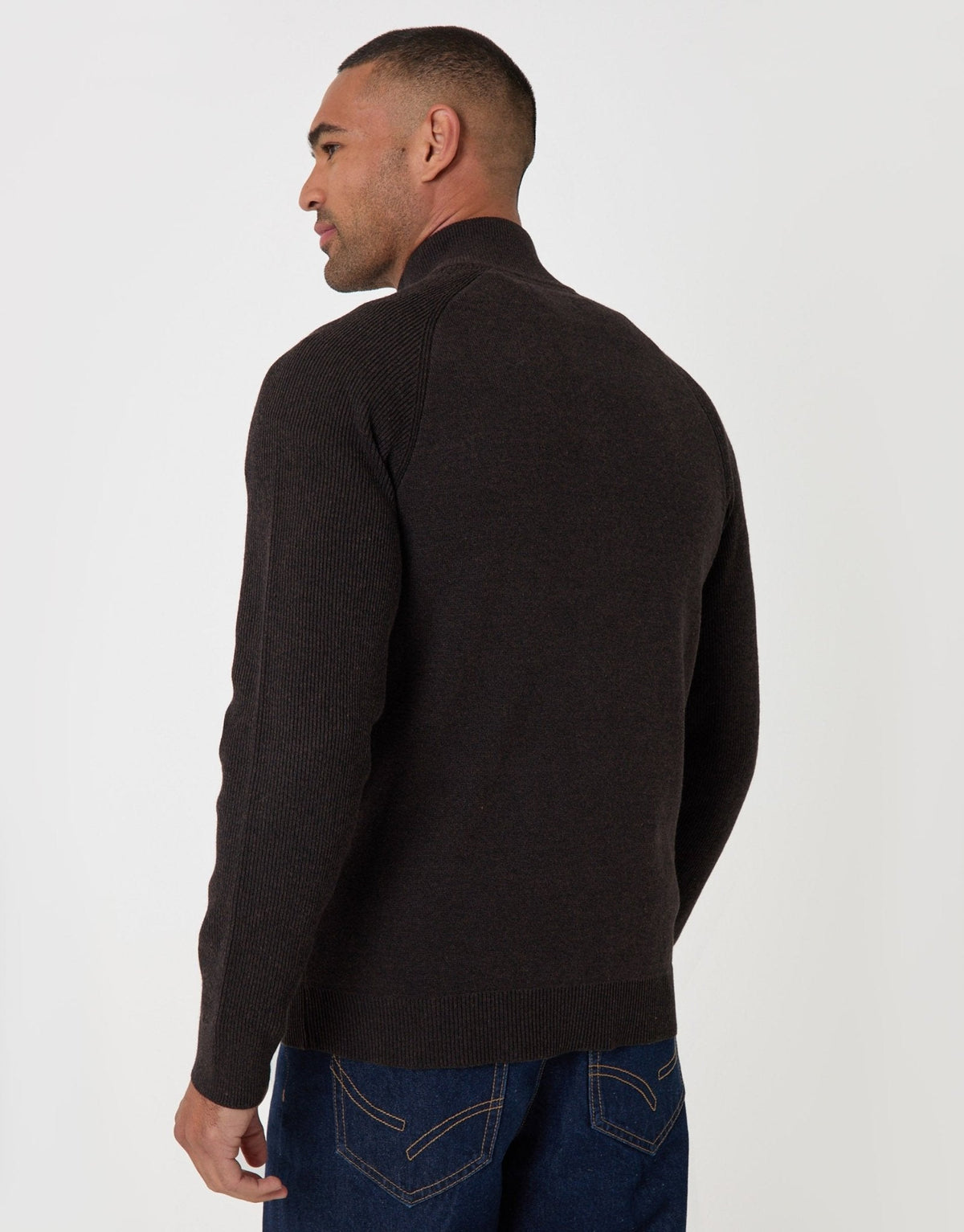 Cotton Rich Funnel Neck Zip Through Sweatshirt in Chocolate Brown