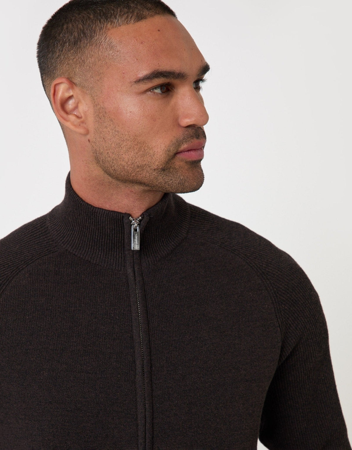 Cotton Rich Funnel Neck Zip Through Sweatshirt in Chocolate Brown