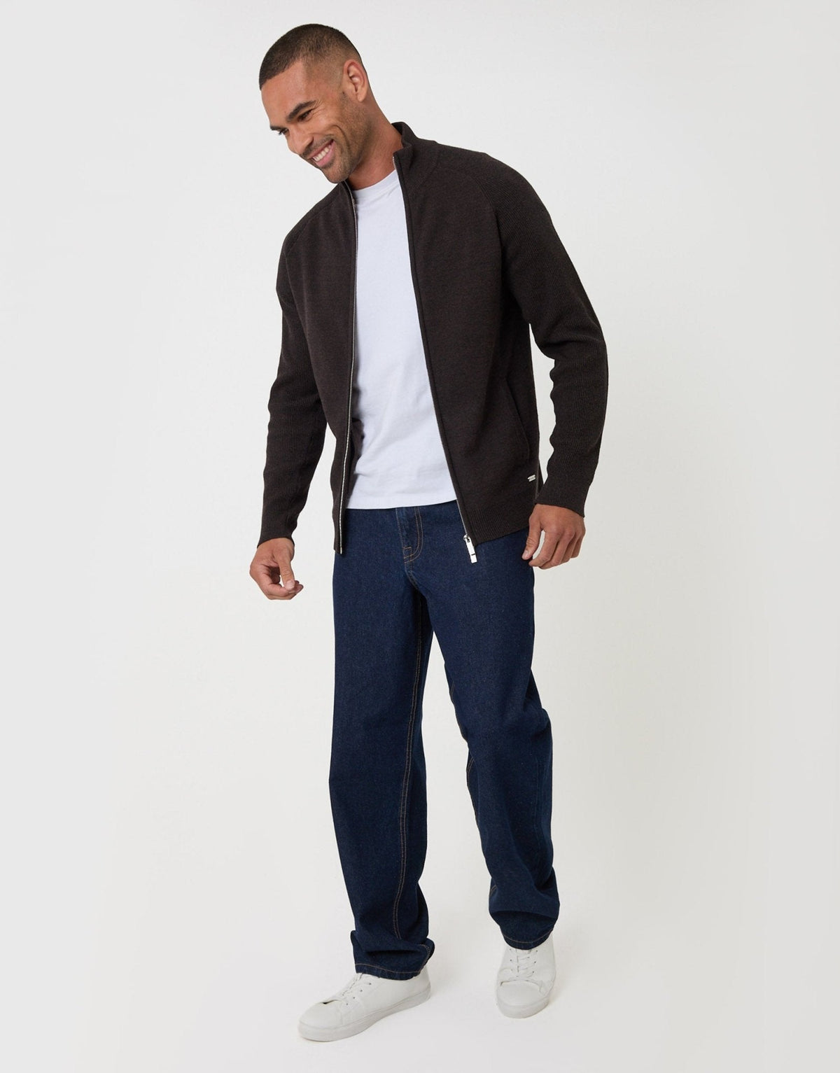 Cotton Rich Funnel Neck Zip Through Sweatshirt in Chocolate Brown
