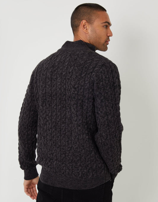 Funnel Neck Cable Knit Jumper in Black Twist