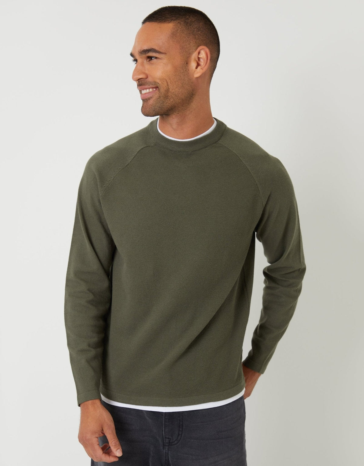 Men's Mock Tee Textured Knit Crew Neck Jumper in Khaki Green | SATRI