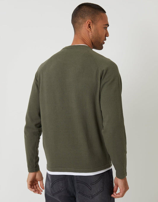 Mock Tee Textured Knit Crew Neck Jumper in Khaki Green
