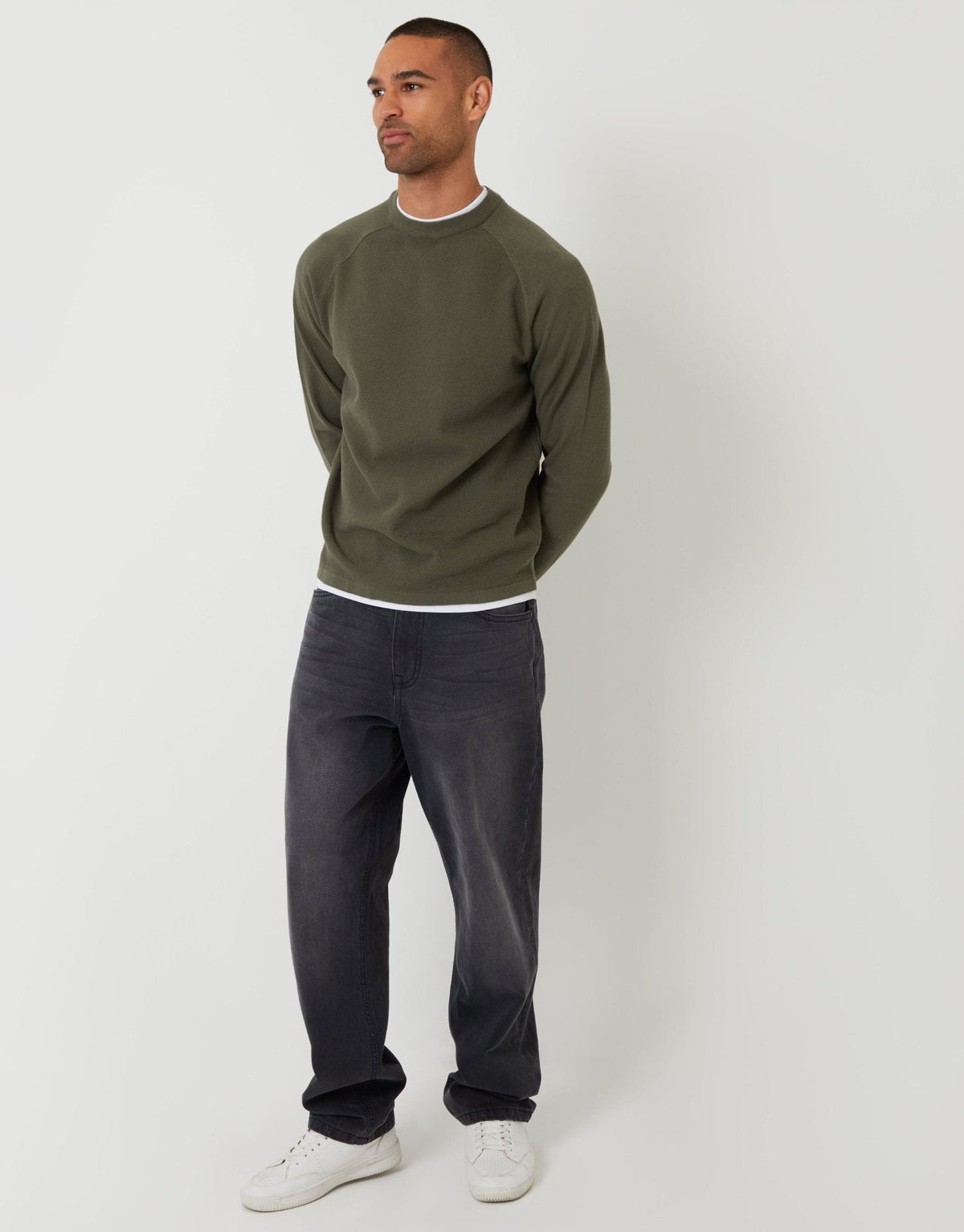 Mock Tee Textured Knit Crew Neck Jumper in Khaki Green