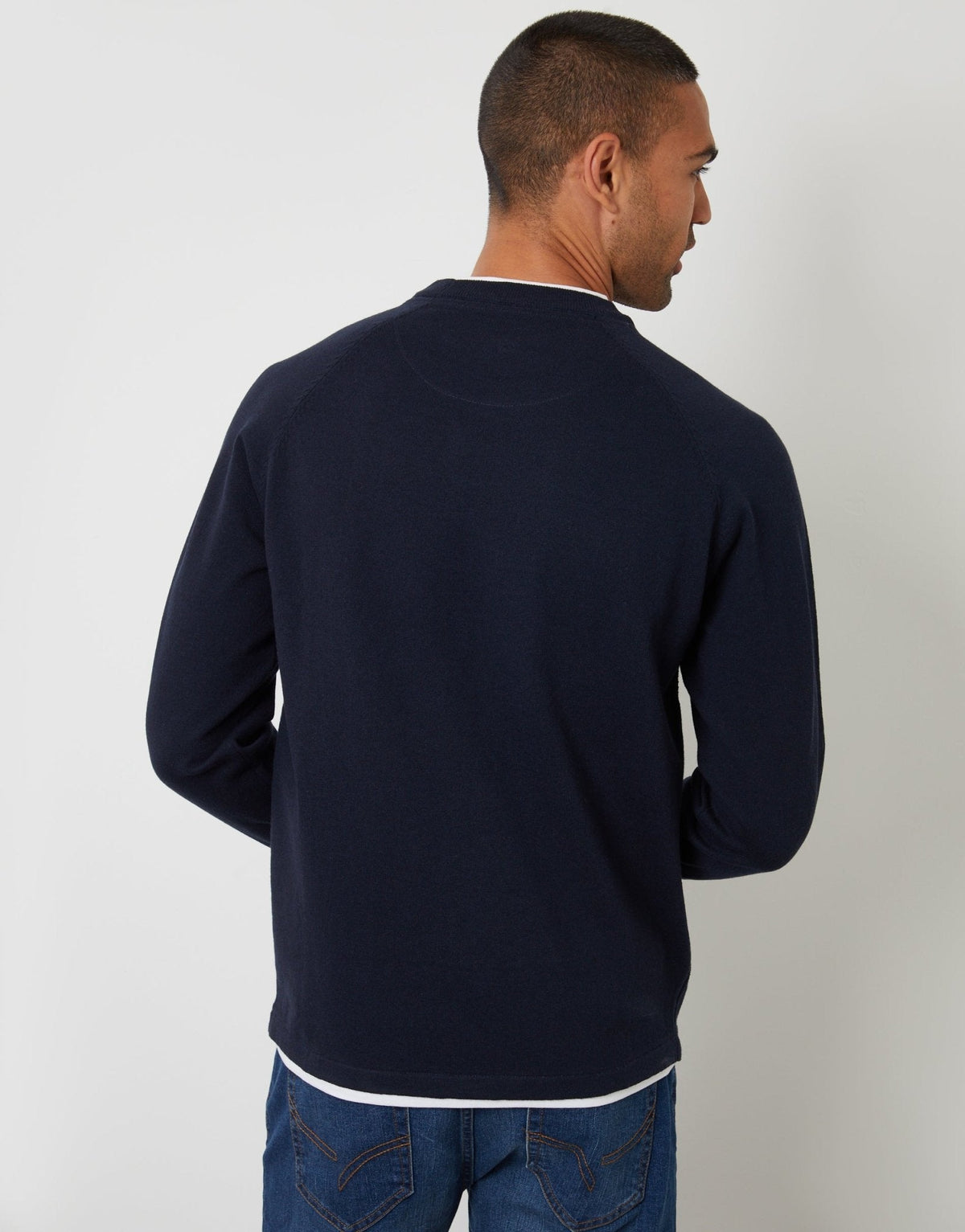 Mock Tee Textured Knit Crew Neck Jumper in Navy