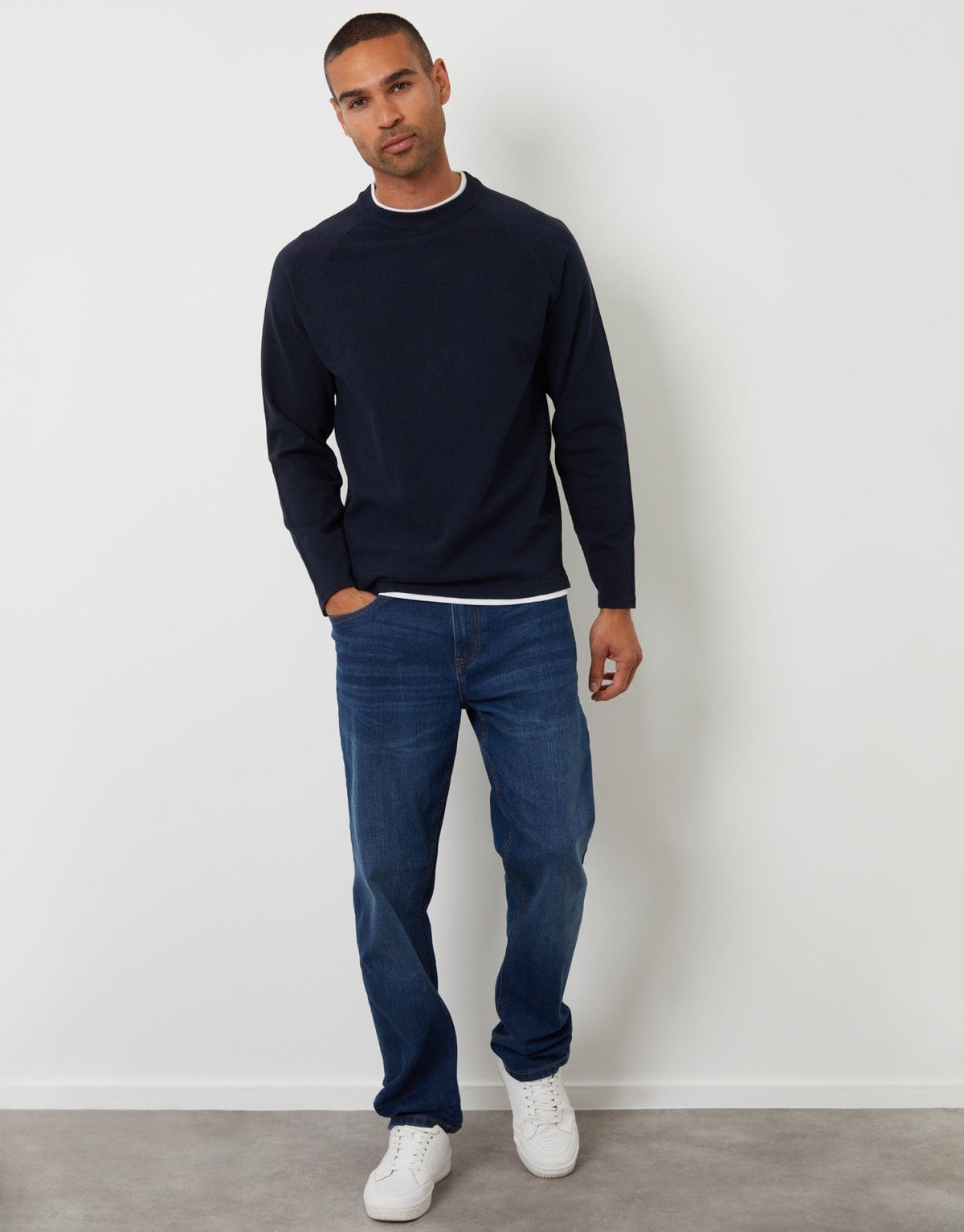 Mock Tee Textured Knit Crew Neck Jumper in Navy