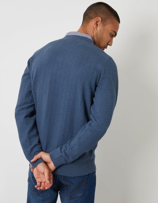 Mock Shirt Textured Knitted Jumper in Denim Blue