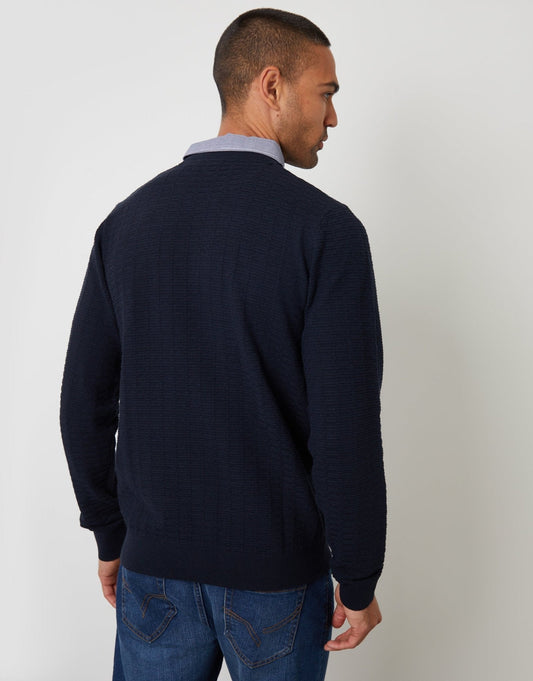 Mock Shirt Textured Knitted Jumper in Navy