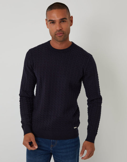 Men's Cable Knit Crew Neck Jumper in Navy | SATRI
