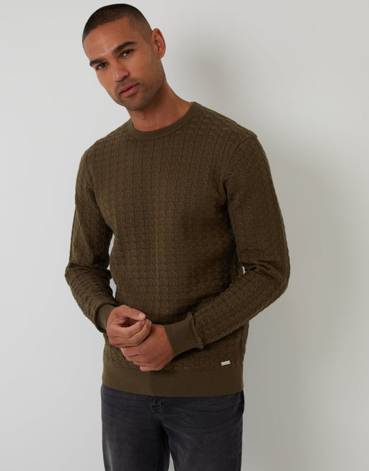 Men's Cable Knit Crew Neck Jumper in Khaki Green | SATRI