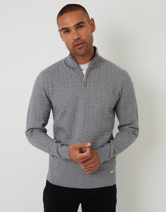 Men's Textured Cable Knit Quarter Zip Jumper in Grey | SATRI