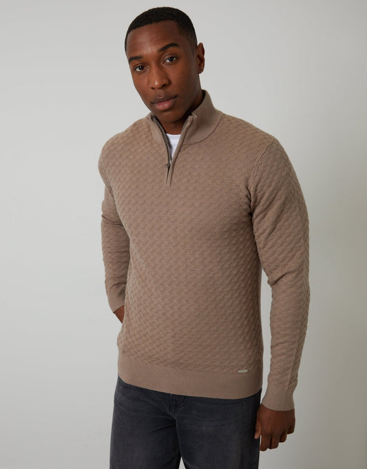 Men's Textured Cable Knit Quarter Zip Jumper in Beige | SATRI