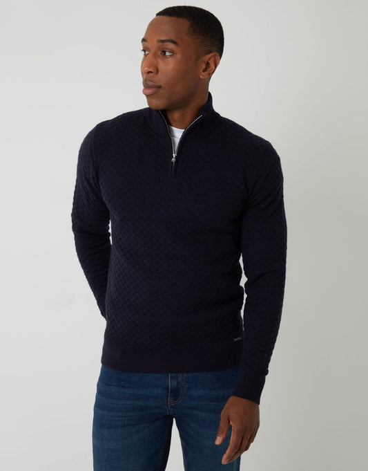 Men's Textured Cable Knit Quarter Zip Jumper in Navy | SATRI