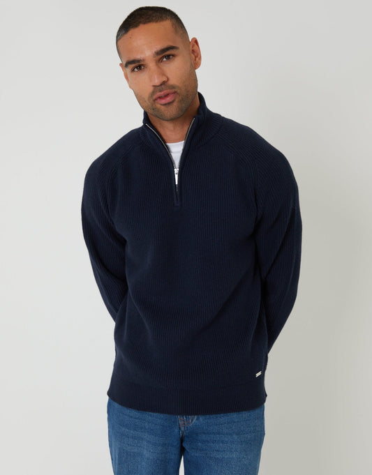 Men's Rib Panel Quarter Zip Knitted Jumper in Navy | SATRI