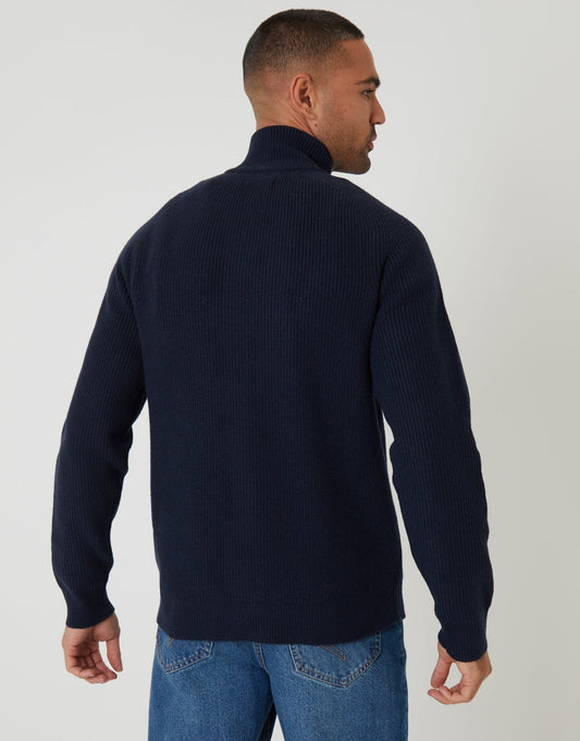 Rib Panel Quarter Zip Knitted Jumper in Navy
