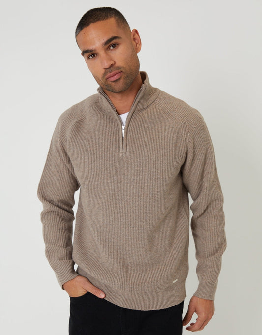Men's Rib Panel Quarter Zip Knitted Jumper in Taupe | SATRI