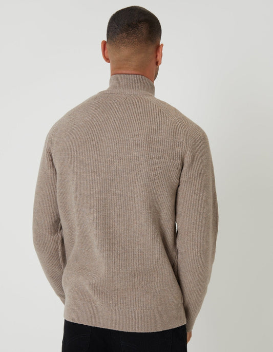 Rib Panel Quarter Zip Knitted Jumper in Taupe