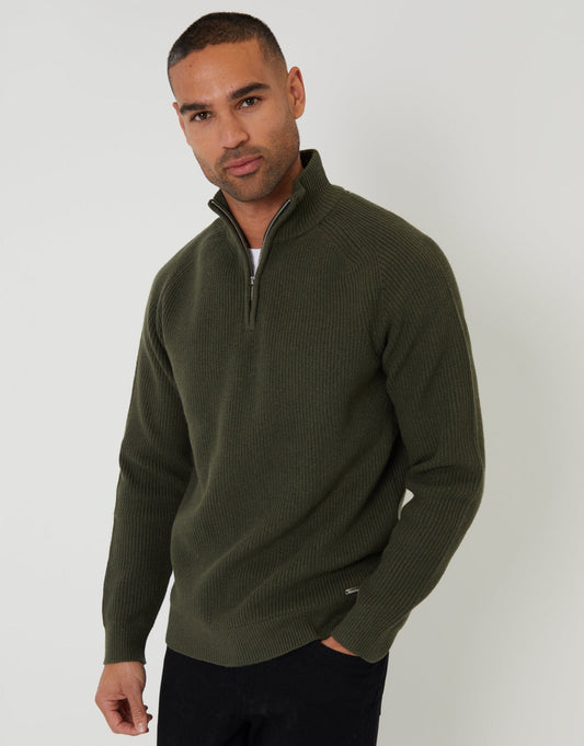 Men's Rib Panel Quarter Zip Knitted Jumper in Forest Green | SATRI