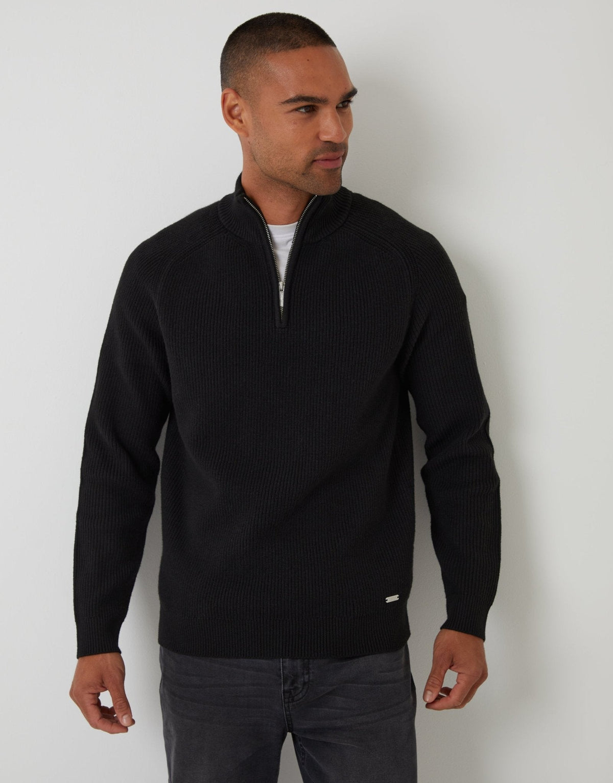 Men's Rib Panel Quarter Zip Knitted Jumper in Black | SATRI