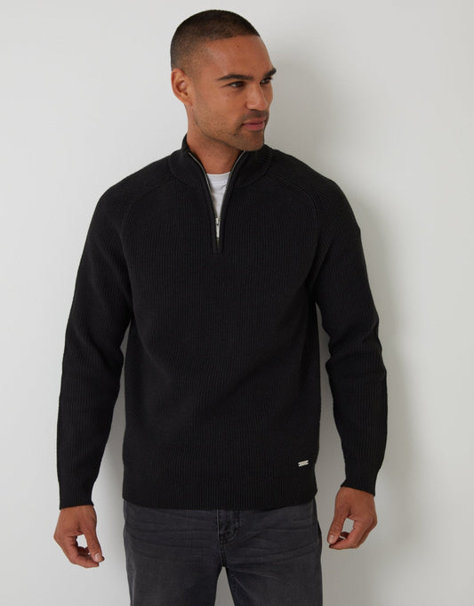 Men's Rib Panel Quarter Zip Knitted Jumper in Black | SATRI