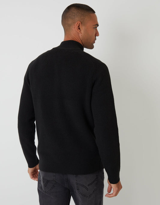 Rib Panel Quarter Zip Knitted Jumper in Black