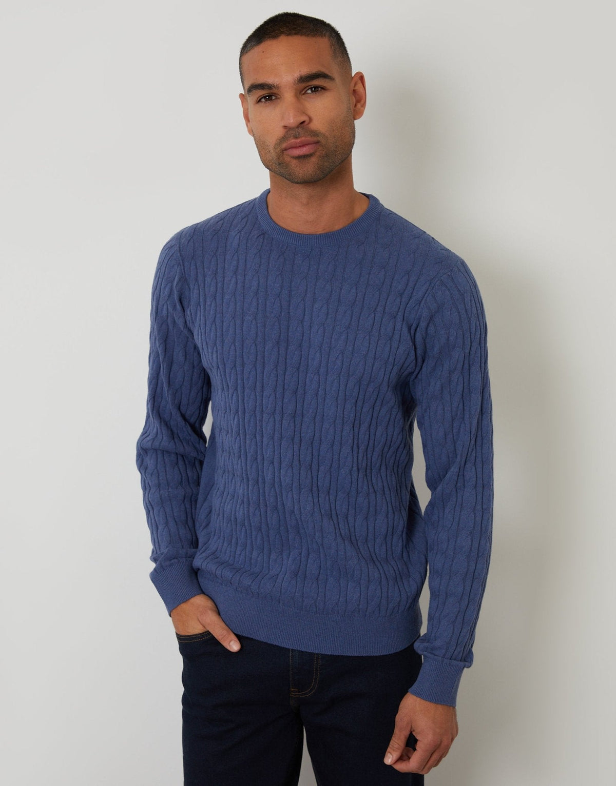 Men's Cable Knit Crew Neck Jumper in Blue | SATRI