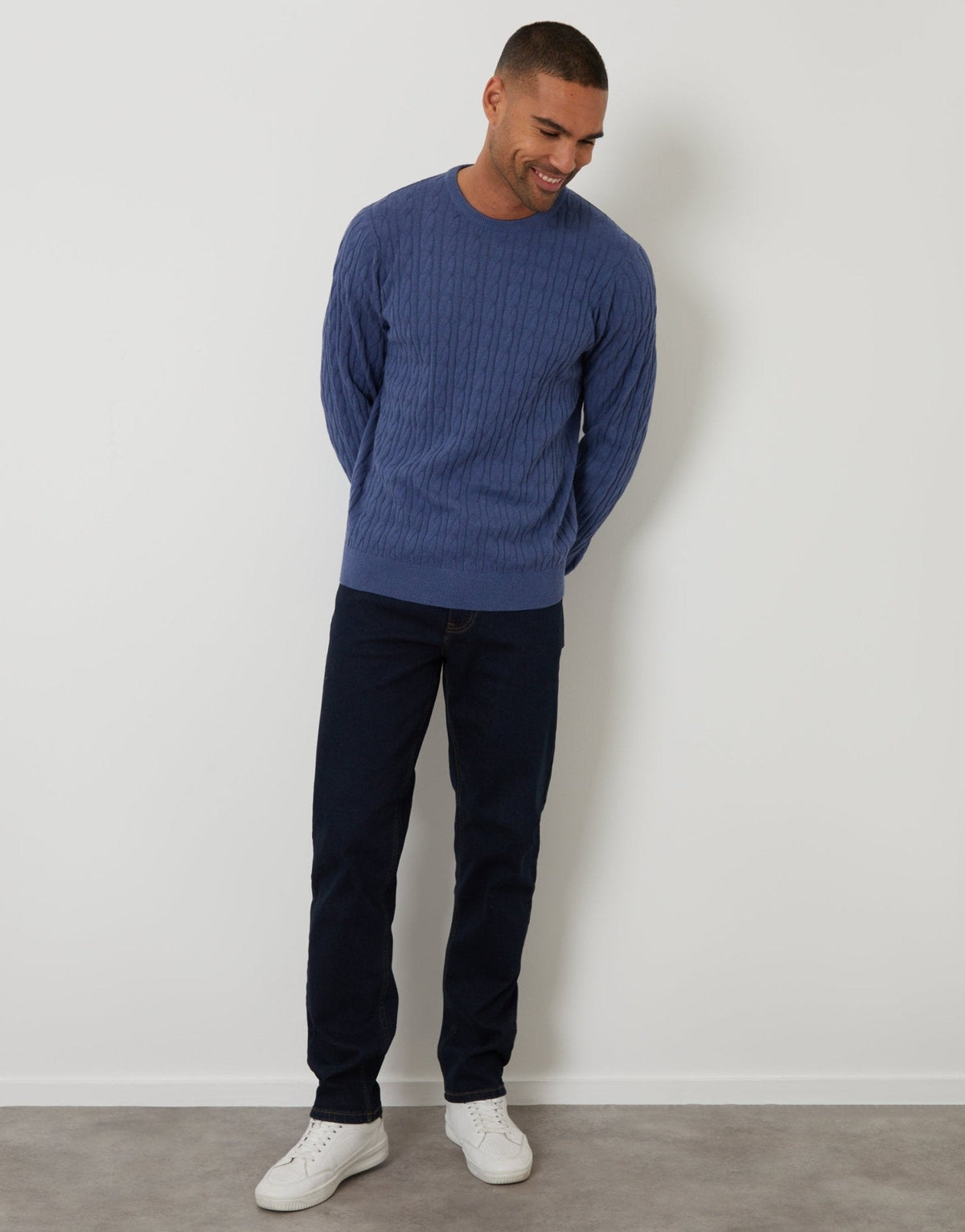 Cable Knit Crew Neck Jumper in Blue
