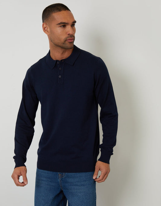 Men's Knitted Long Sleeve Polo Jumper in Navy | SATRI