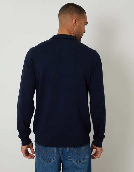 Knitted Long Sleeve Polo Jumper in Navy