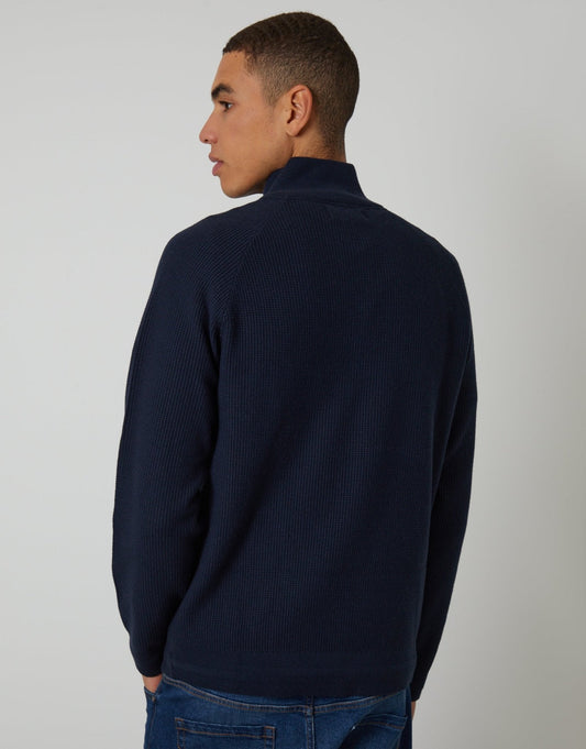 Waffle Knit Raglan Quarter Zip Jumper in Navy