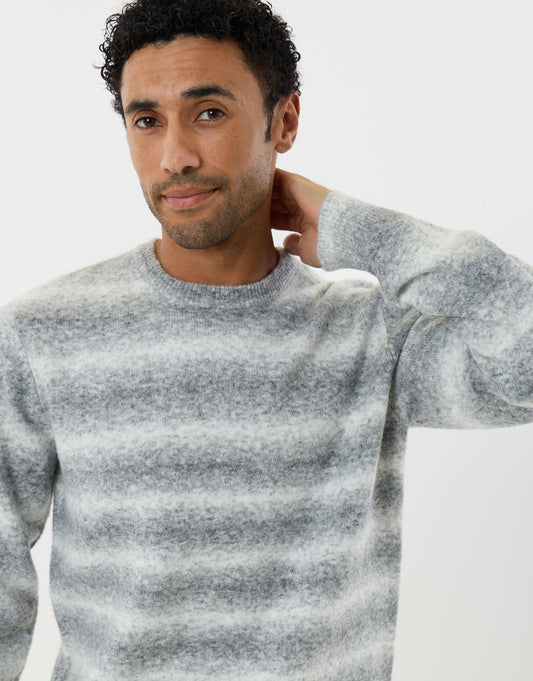 Men's Soft Crew Neck Jumper in Grey & Ecru Stripe | SATRI
