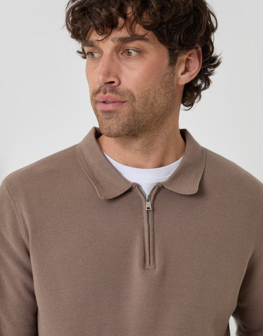 Men's Boxy Fit Quarter Zip Polo Sweatshirt in Taupe | SATRI