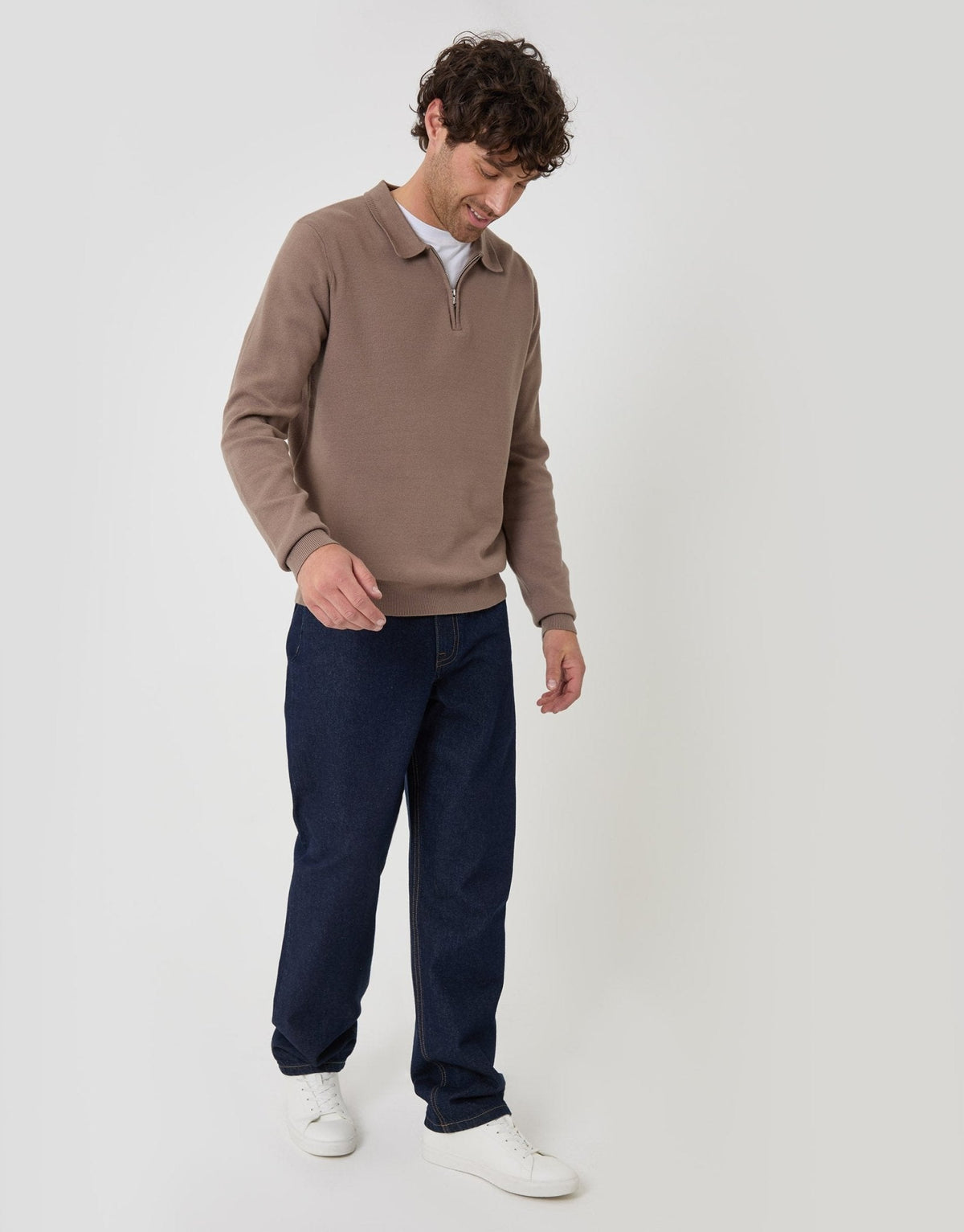 Boxy Fit Quarter Zip Polo Sweatshirt in Taupe