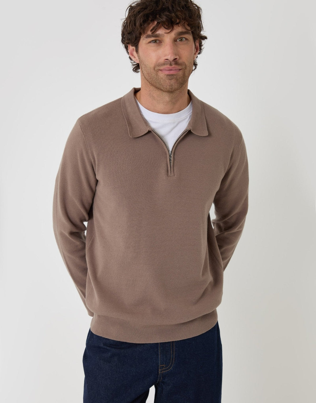 Boxy Fit Quarter Zip Polo Sweatshirt in Taupe