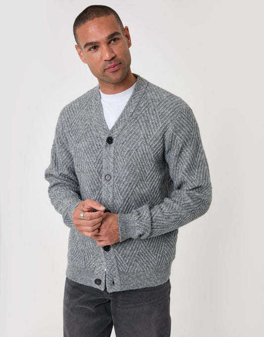 Men's Textured Stitch V Neck Cardigan in Grey Marl | SATRI